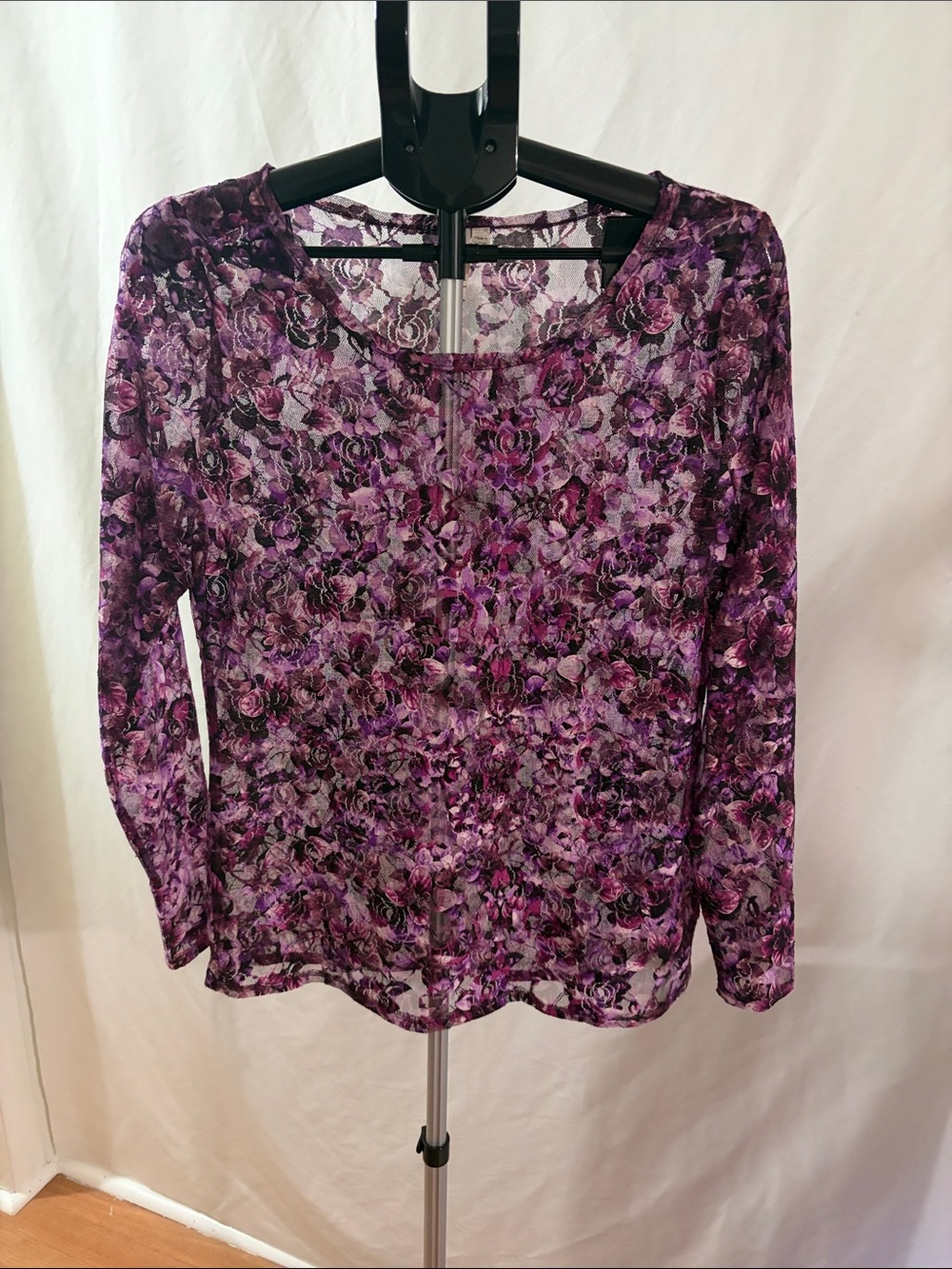 Floral Print Lace Long-Sleeve Scoop Neck Top - Purple